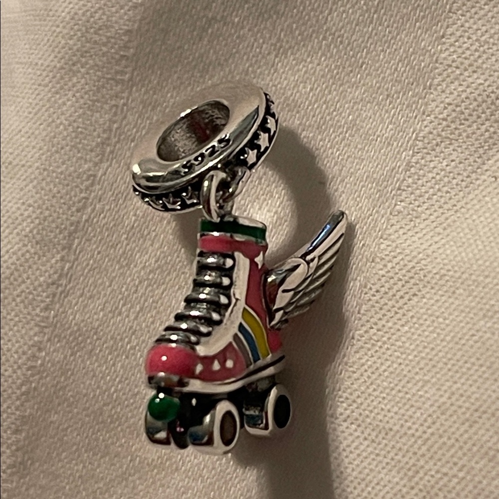 925 Sterling Silver Colorful Roller Skate Charm Pendant with Wings - Picture 3 of 14